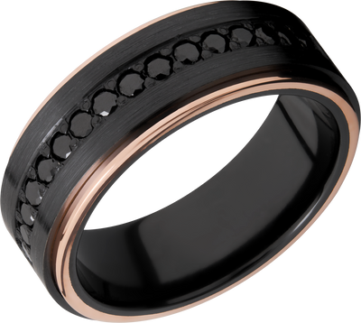 Zirconium 8mm flat band with 14K rose gold grooved edges and 16, .04ct bead-set eternity black diamonds