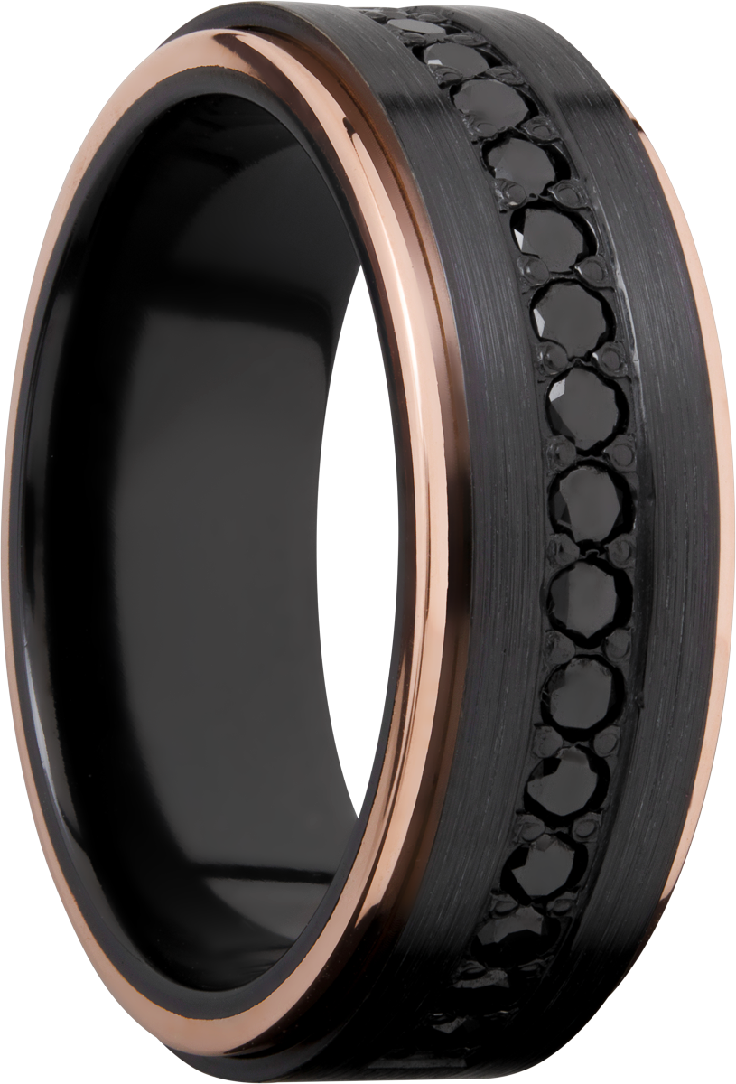 Zirconium 8mm flat band with 14K rose gold grooved edges and 16, .04ct bead-set eternity black diamonds