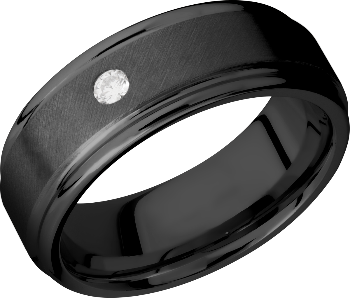 Zirconium 8mm flat band with slightly rounded edges and a flush-set .07ct diamond