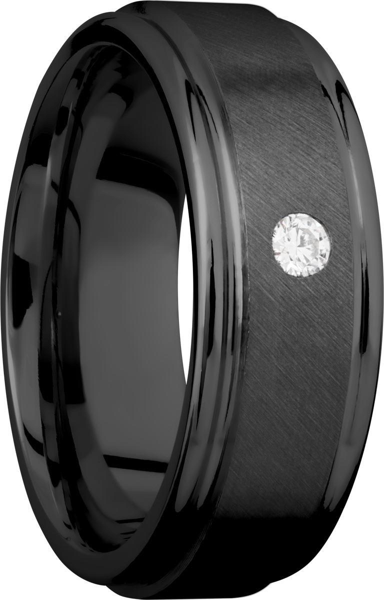 Zirconium 8mm flat band with slightly rounded edges and a flush-set .07ct diamond