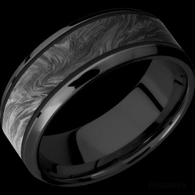8 mm wide/Beveled/Zirconium band with one 5 mm Centered inlay of Forged Carbon Fiber.