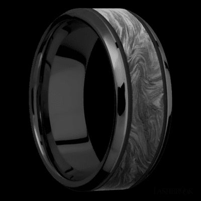 8 mm wide/Beveled/Zirconium band with one 5 mm Centered inlay of Forged Carbon Fiber.