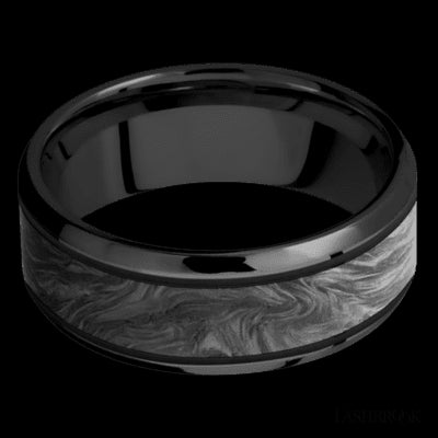 8 mm wide/Beveled/Zirconium band with one 5 mm Centered inlay of Forged Carbon Fiber.