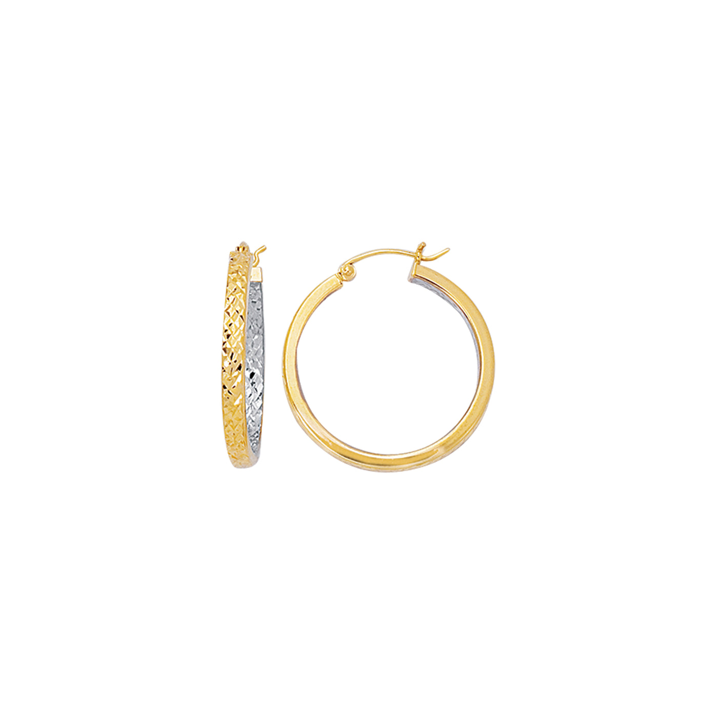 10K Gold Yellow Exterior White Interior Diamond Cut Hoop Earring